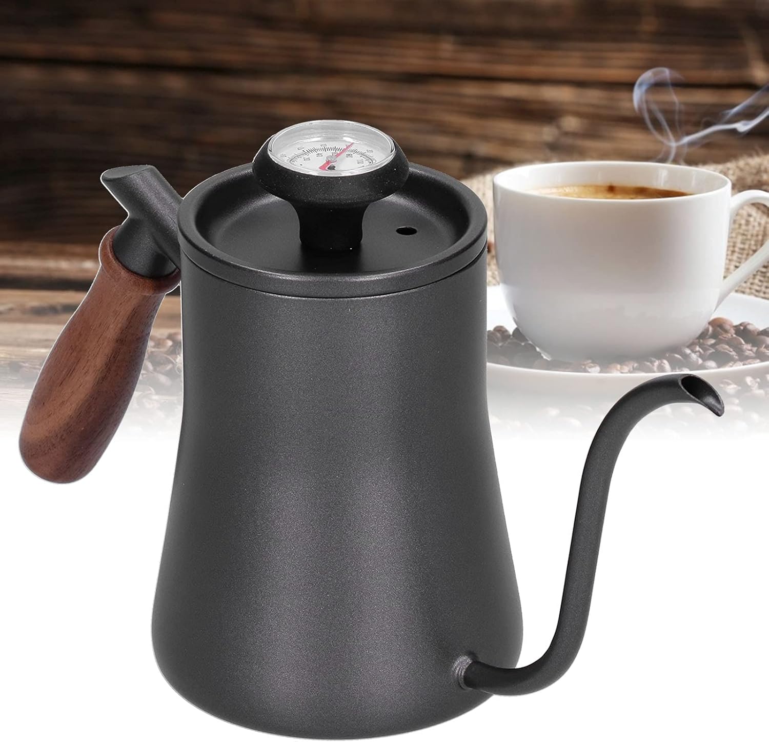 AYNEFY 550ml Gooseneck Coffee Kettle,Wooden Handle Long Mouth Precise Water Control Stainless Steel Pour Over Coffee Maker Tea Pot Teapot Tea Kettle with Thermometer (Black (Thermometer Model))