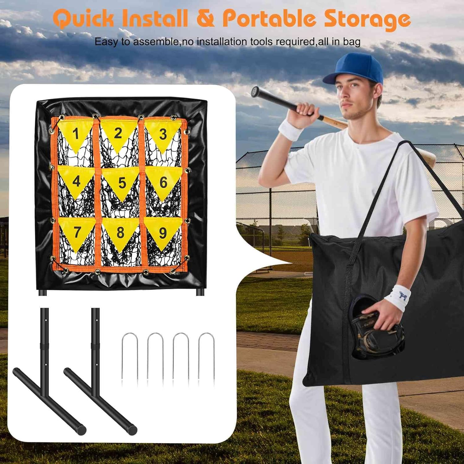 Pitching Net, 9 Hole Baseball Net with Strike Zone, Adjustable Baseball Softball Pitching Net with 9 Pocket Target, Portable Pitcher Practice Equipment for Outdoor Indoor