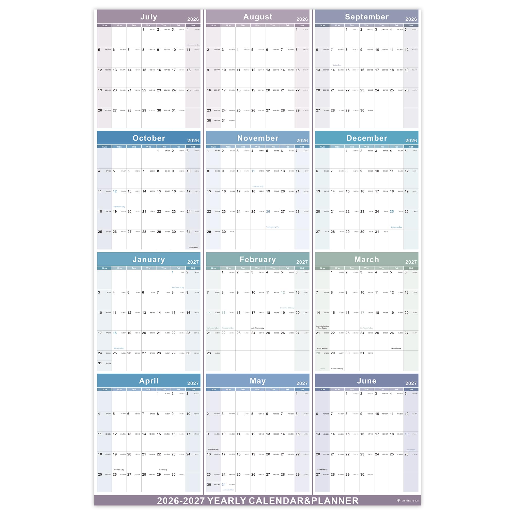 Vibrant Focus Jahres-Wandkalender, Jahreskalender 2026–2027, Jahresplaner mit dickem Papier, Juli 2026–Juni 2027, XL, 88,1 x 57,9 cm, Jahresplaner 2026–2027 (Jahreskalender – Farbeblau)