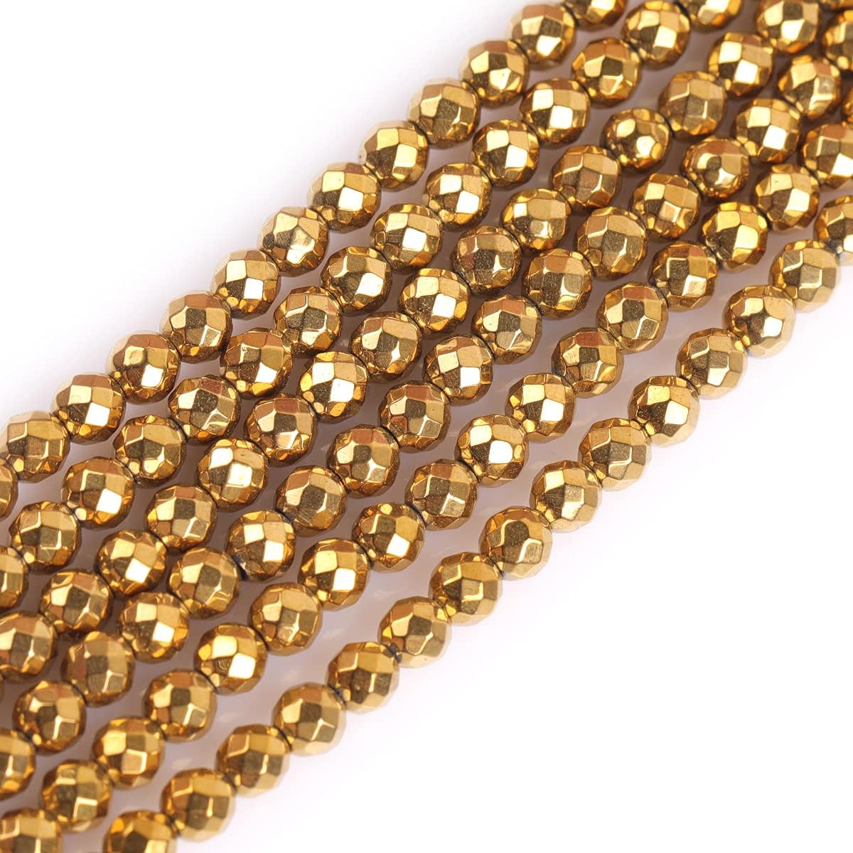 GEM-insid 4mm Hematite Non-Magnetic Facted Round Gold Color Beads Strand 15 Inches for Jewelry Making Bracelets Necklace