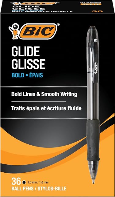 BIC Glide Bold Black Ballpoint Pens, Bold Point (1.6 mm), 36-Count Pack, Retractable Ballpoint Pens With Comfortable Full Grip