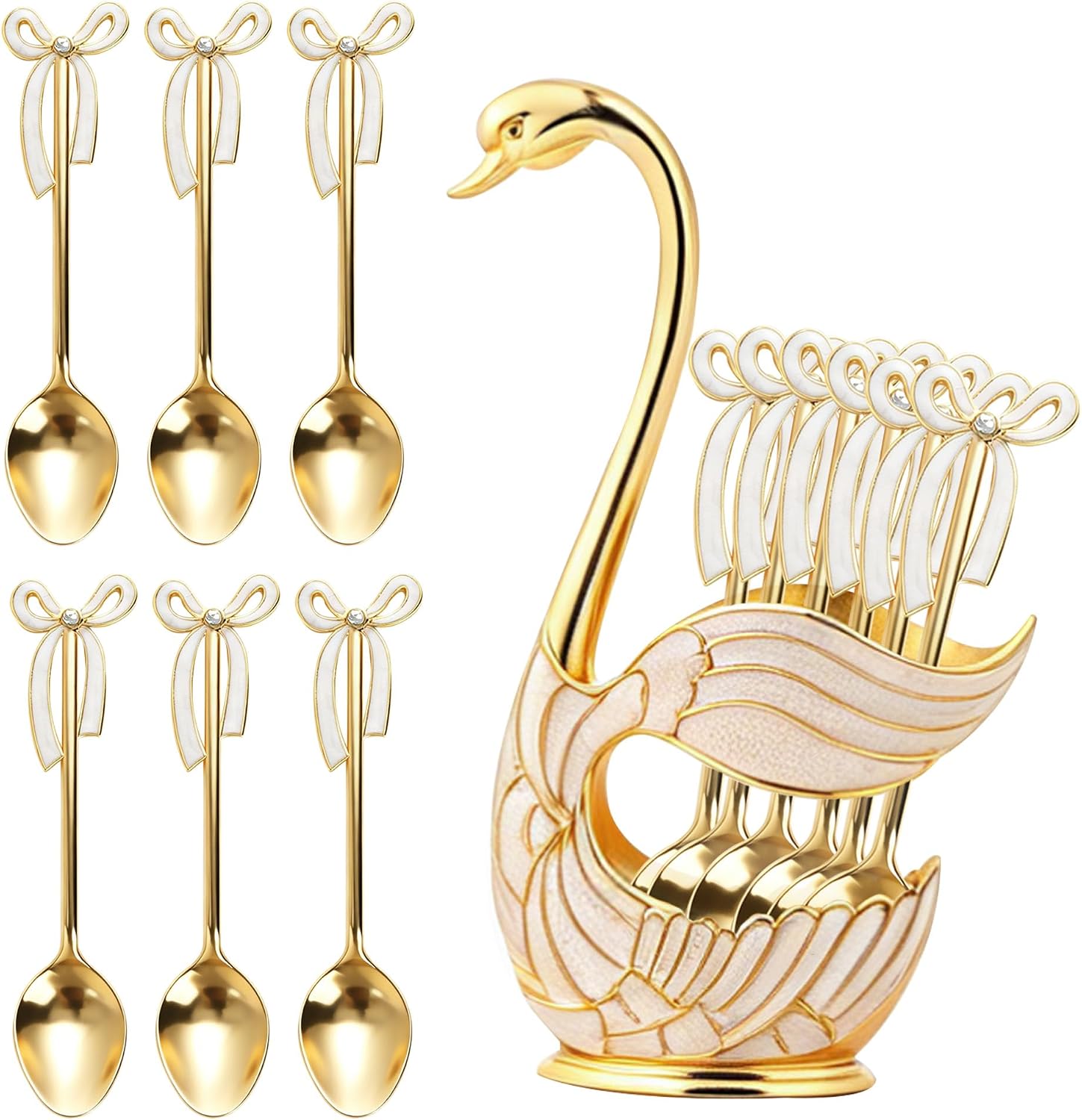 Swan Base Holder Dessert Spoons Set for Cake Fruit Sugar Gold