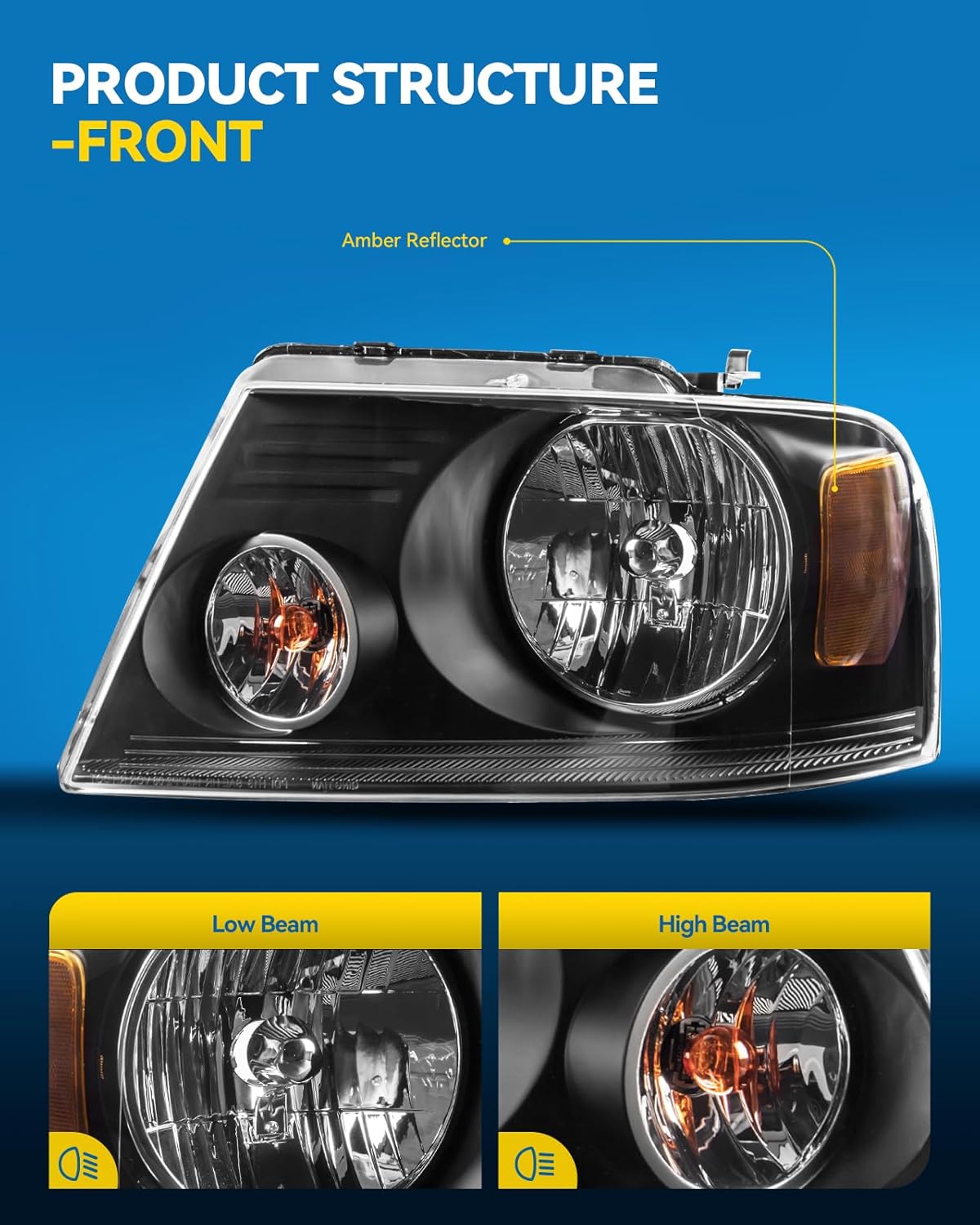 PHILTOP Headlight Assembly Set Compatible with 2004 2006 2007 2008 Ford F150,2006 Lincoln Mark LT,Driver & Passenger Side Halogen Headlamp without Bulbs Black Housing Amber Reflector Clear Lens