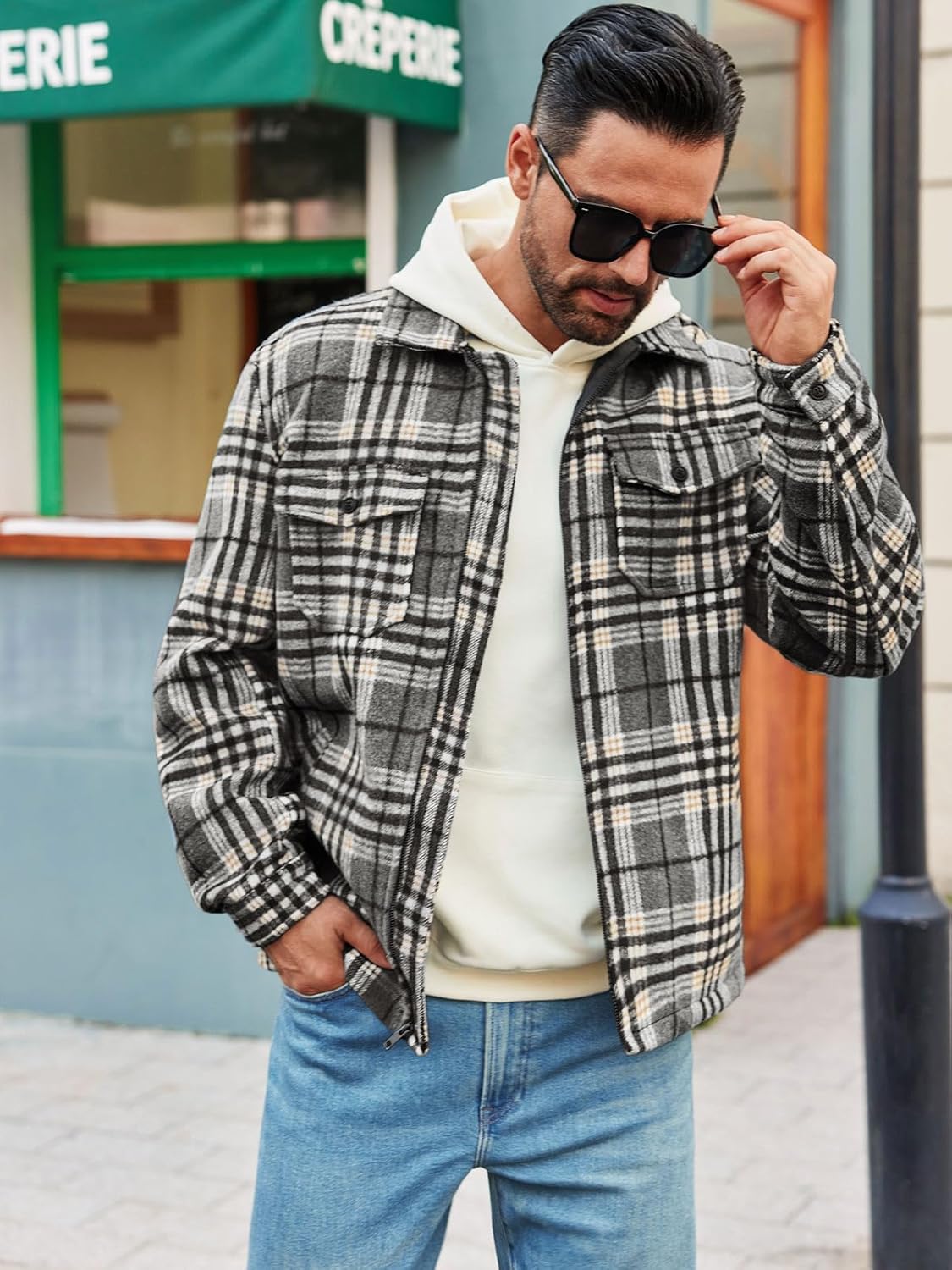 Mens Fleece Jacket Sherpa Lined Zip Up Buffalo Plaid Flannel Coat Casual Long Sleeve Warm Fall Winter Outwear - Image 3