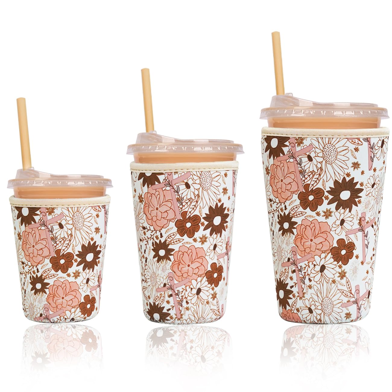 Reusable Insulated Sleeve for Iced Coffee Cup, 3-Pack Coffee Neoprene Drink Sleeve for Cold &amp; Hot Drinks, Beverage Holder for Iced Coffee (Cross Petals)