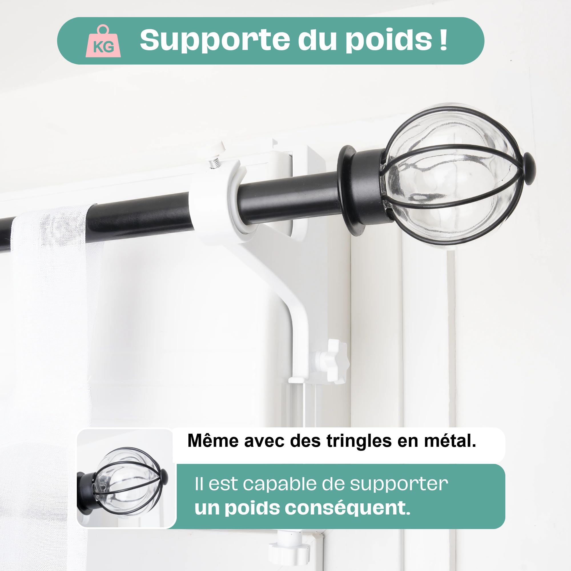 PurLing Lot de 2 supports pour tringle à rideaux sans perçage - Fixation Réglables sur coffre de volet roulant de 14 à 24 cm - Tringles à rideaux 20 -28mm - Marque française