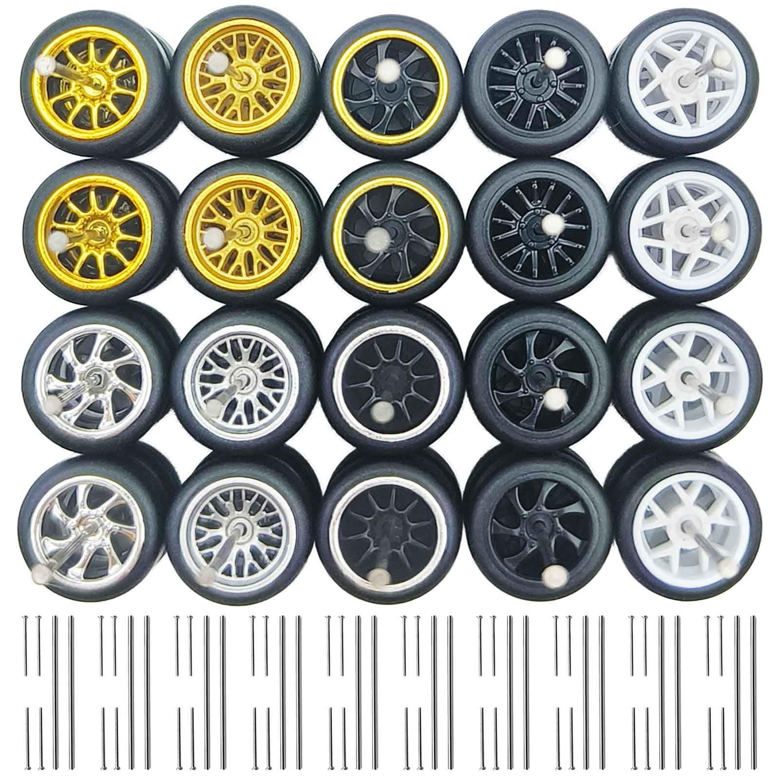 1/64 Wheels and Tires Set - 10 Mixed/Random Rubber Wheel Sets + 10 Extra Axle Sets - No Vehicle Disassembly Needed - Compatible with Hot Wheels & Matchbox