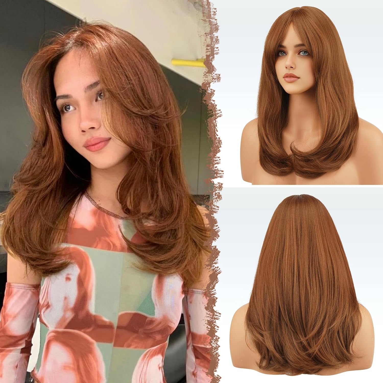 FESHFEN Wigs with Bangs for Women, Synthetic Natural Looking Long Layered Straight Auburn Hair Wig for Women Daily Party Use 18 inch 18 Inch Auburn