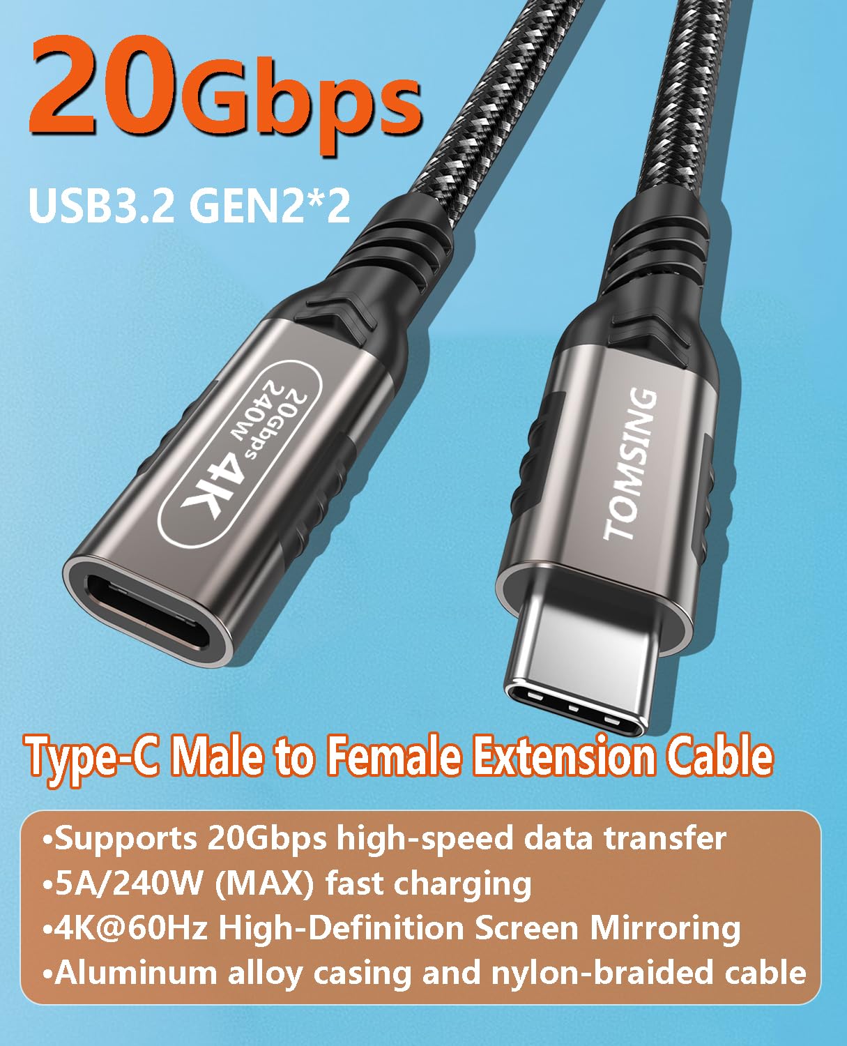 Cavo di prolunga USB C (240 W/20 Gbps/4 K a 60 Hz), tipo C maschio a femmina, estensione di ricarica e sincronizzazione per tastiera, mouse, PlayStation, Xbox, unità flash, stampante