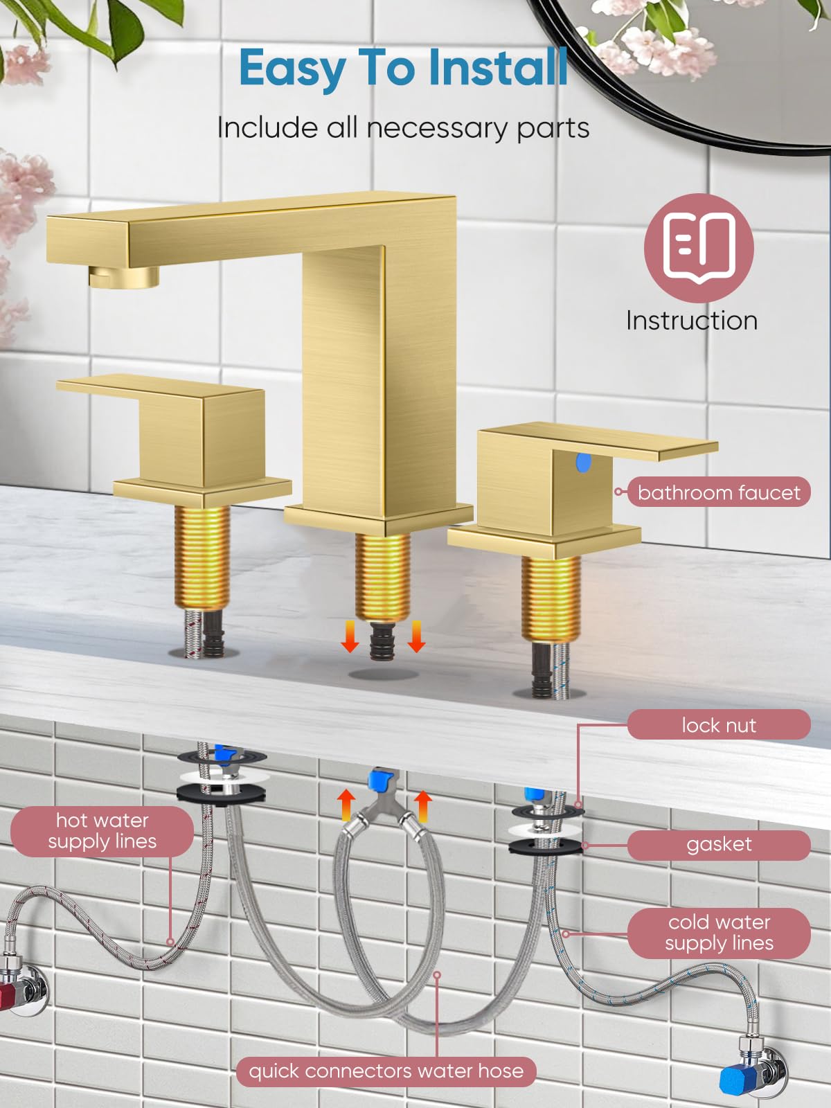 Cobbe Grifos de baño para fregadero de 3 agujeros, llave cuadrada de 8 pulgadas de ancho con drenaje emergente, 2 asas y 2 mangueras de suministro, acero inoxidable sin plomo para tocador, caravana
