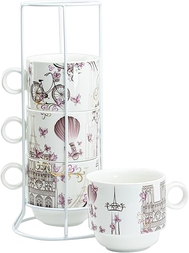 Miniatura 4 de Juego de 4 tazas apilables de café y té de 10 onzas con soporte de metal blanco (Torre Eiffel de París, oro rosa)