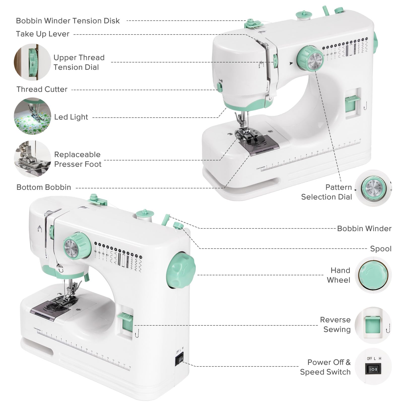Máquina de coser para principiantes, mini máquina de coser con juegos de costura, máquina de coser eléctrica portátil con funciones completas, 12 puntadas integradas, aguja doble