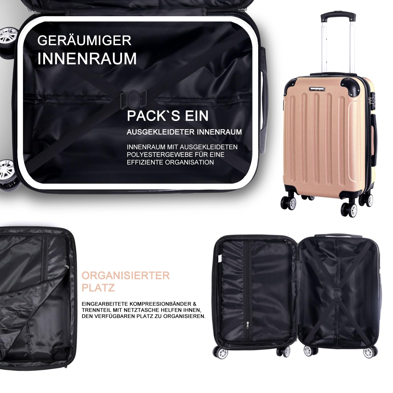 3er Kofferset - Robuste ABS- Hartschalenkoffer, TSA-Zahlenschloss, erweiterbare Kapazität - in M, L, XL - Eckenschutz, 360° drehbare, leise Doppelräder & Teleskopgriff, Handgepäcktauglich & stapelbar