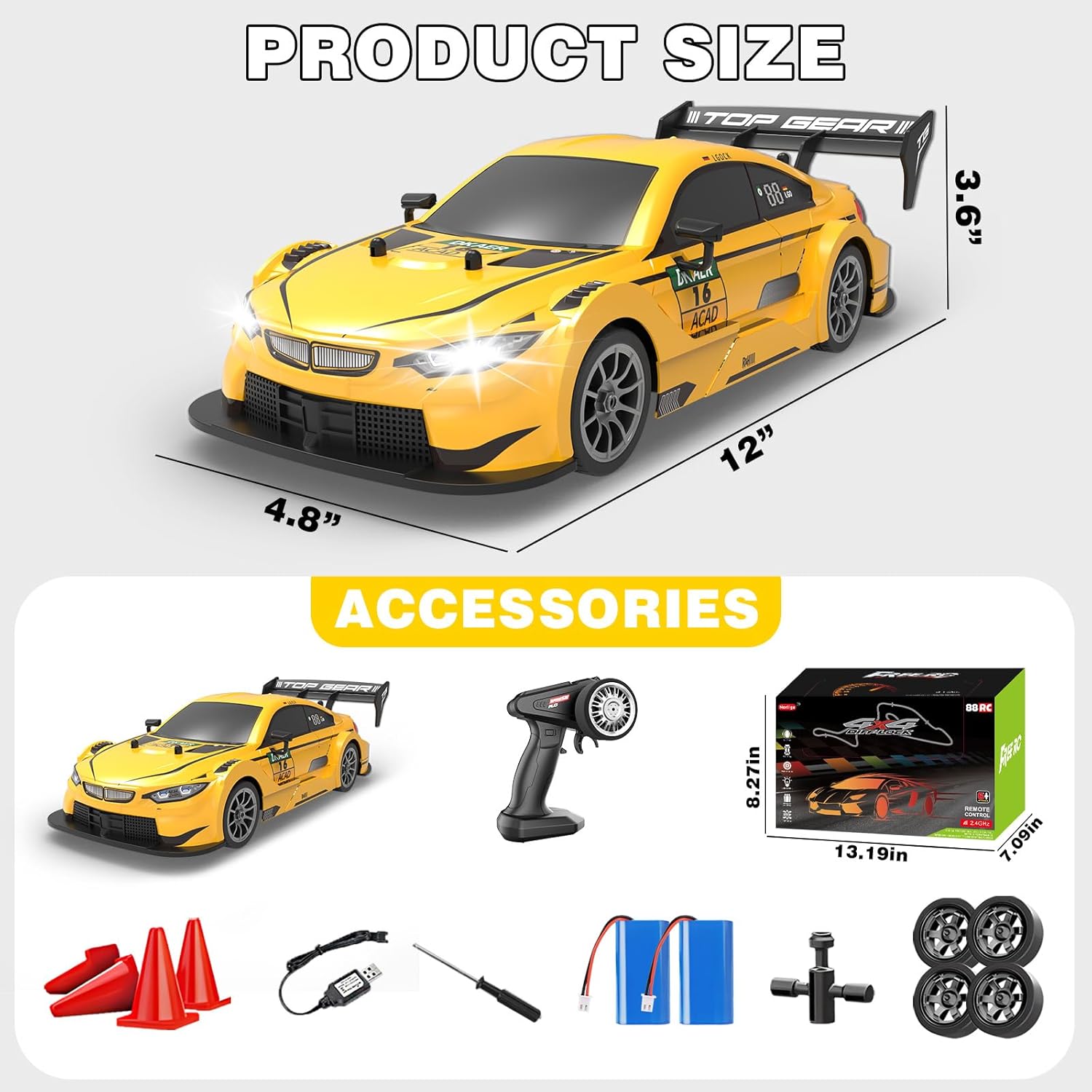 RC Drift Car 1:16, 2.4GHz 4WD Remote Control Car, 30+KM/H High Speed Drifting RC Cars with LED Lights Two Batteries and Drift Tires Racing Cars for Adults Boys Kids, Yellow