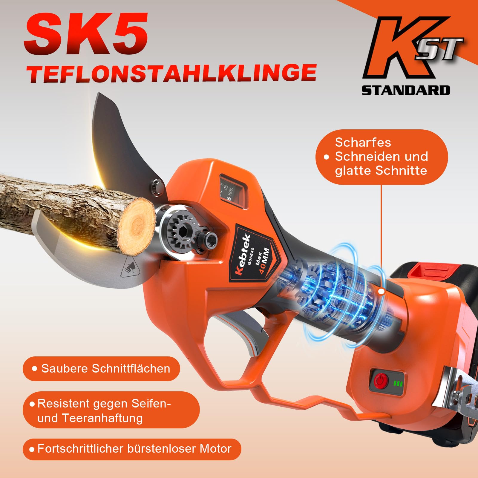 Kebtek Elektrische Gartenschere mit Akku progressive Schnittfunktion 40mm | KST 21V Astschere Akku 1,6Zoll Robust für Obstplantagen und Gartenbau kompatibel mit Makita 18V-Akkus