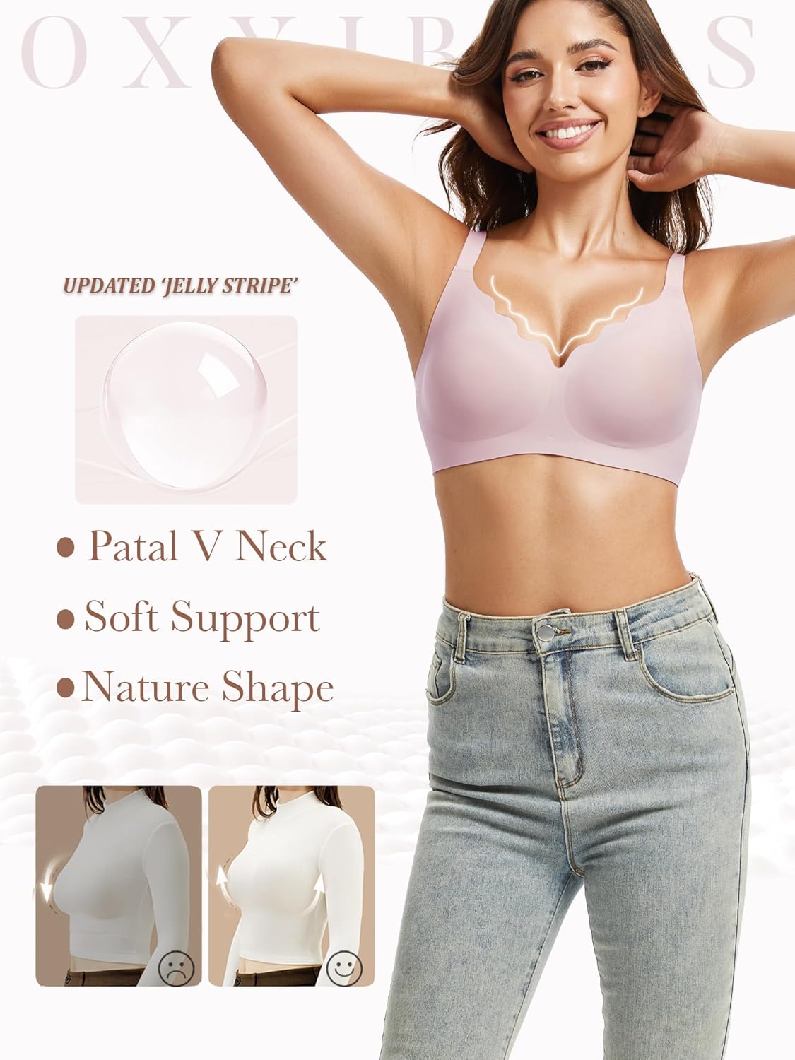Plunge Jelly Bras for Women No Underwire Wireless Deep V Bralettes Soft T Shirt Sleep Bra with Bra Extenders Pink M - Image 3
