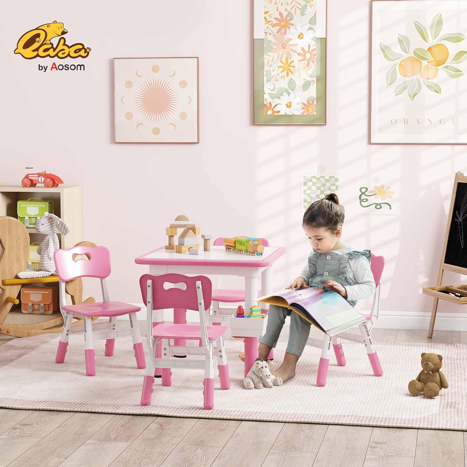 Qaba 5 Pieces Kids Table and Chairs, Height Adjustable Toddler Table and Chair Set with Storage, Easy to Wipe, Square Table 4 Chairs for Classroom, for Daycare Classroom, 18 Months-5 Years, Pink