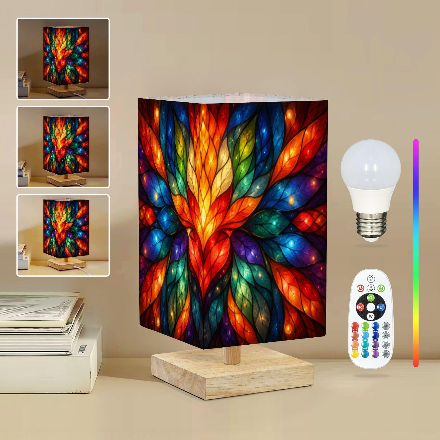 Square Table Lamp for Bedroom Colorful Abstract Stained Beside Lamps Desk lamp with Wood Base Nightstand Lamps for Nursery Living Room Home Decor