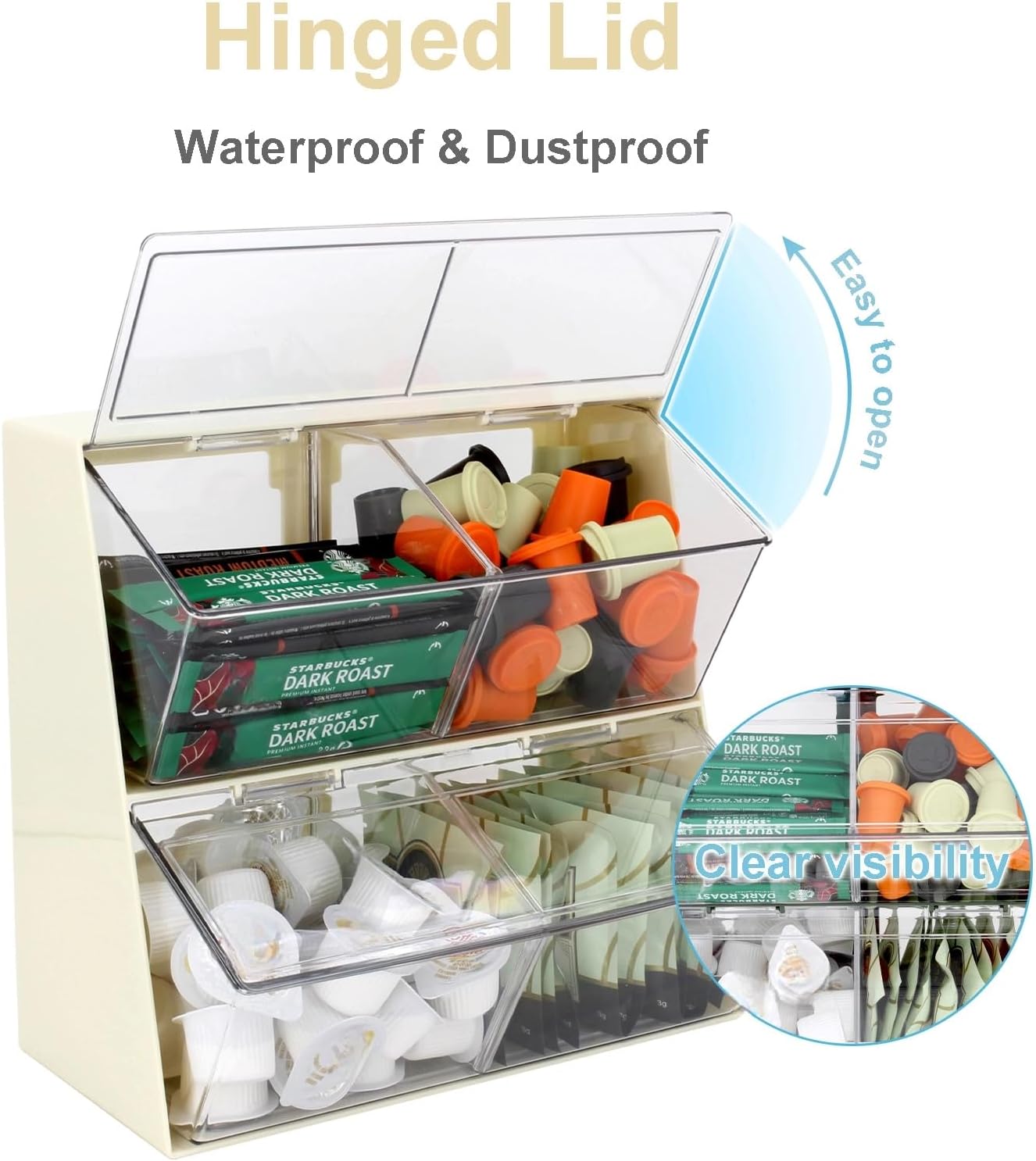 Bokelai Creamer Holder Plastic Tea Bag Organizer with Lid Large Capacity K Cup Countertop Organizer Versatile Desk Storage Station for Capsule Suger Pods Face Mask Cream/Clear