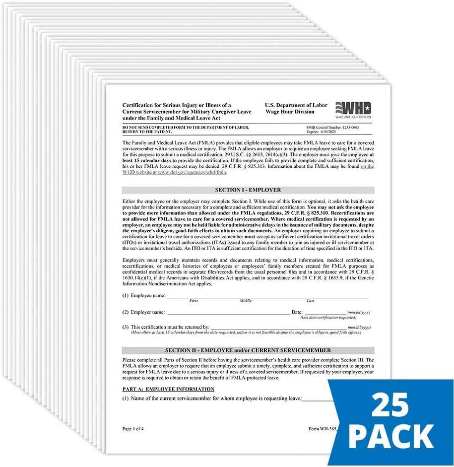 J. J. Keller & Associates, Inc. FMLA Certification for Serious Injury or Illness of a Current Service Member for Military Caregiver Leave, Form WH-385, English, 8.5" x 11", Made in USA, 25-Pack