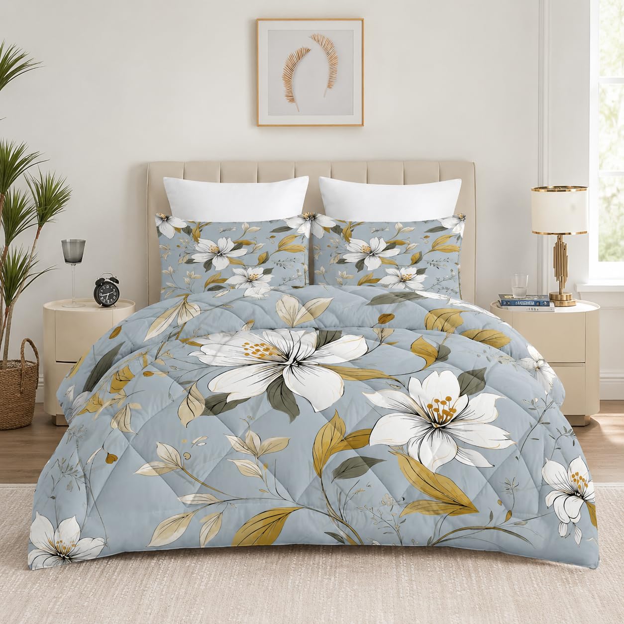 Edredon Cama 150 Flores, Relleno Nordico 220 x 240 4 Estaciones, Edredón Reversible Acuarela, Edredones Nordicos Estampados Floral con 2 Fundas de Almohadas 50x75 cm, Lavable G-515