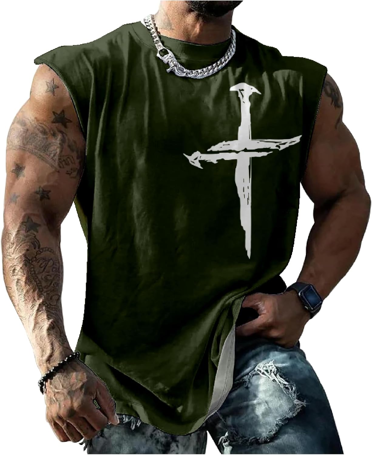 Mens Workout Tank Tops Nail Cross Graphic Casual Novelty Summer Gym Muscle Fitness Quick Dry Breathable Shirts