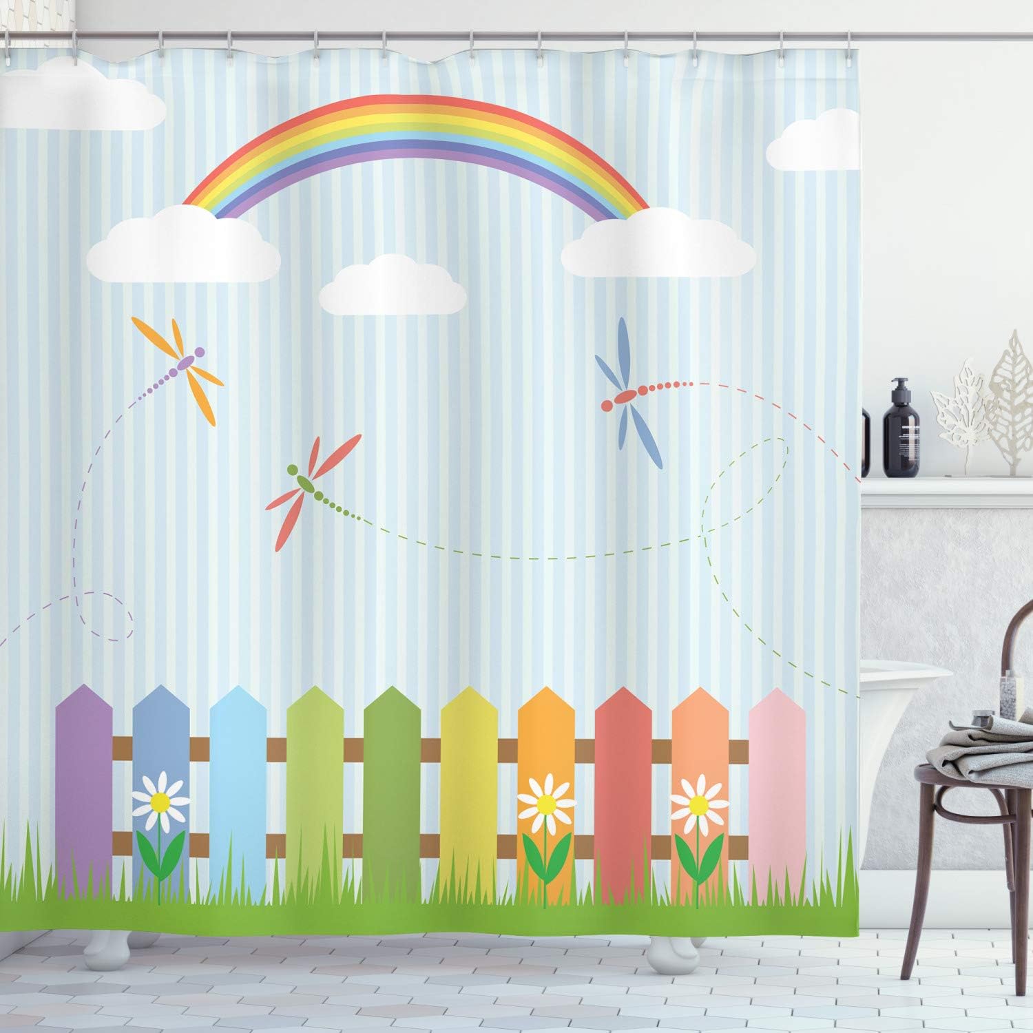 Ambesonne Dragonfly Shower Curtain, Colorful Dragonflies Drifting Over Fences a Sunny Rainbow Day Theme, Cloth Fabric Bathroom Decor Set with Hooks, 69" W x 70" L, Mauve