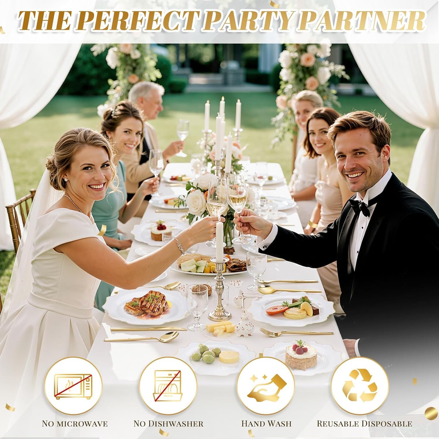 WDF 200PCS White and Gold Plastic Plates - Gold Plastic Plates - Include 100 Dinner & 100 Dessert Disposable Party Plate - Fancy Disposable Plate for Wedding/Bridal shower/Valentine‘s Day - Image 3