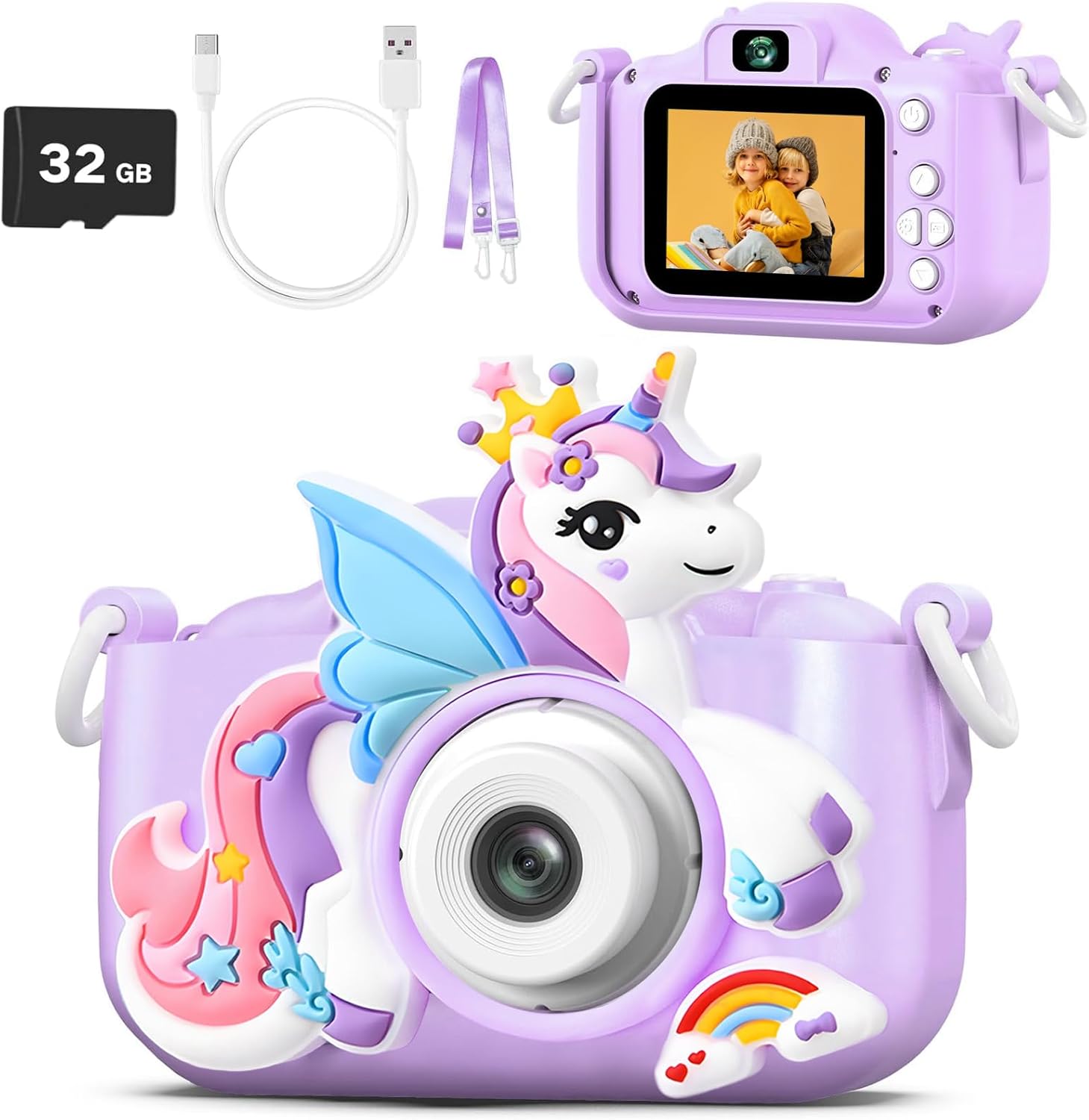 Kids Camera Toys for 3-8 Year Old Boys & Girls, 1080P HD Digital Video Toddler Camera with 32GB SD Card & Selfie Mode, Shockproof Cover Christmas Birthday Gifts for Age 3 4 5 6 7 8, Purple