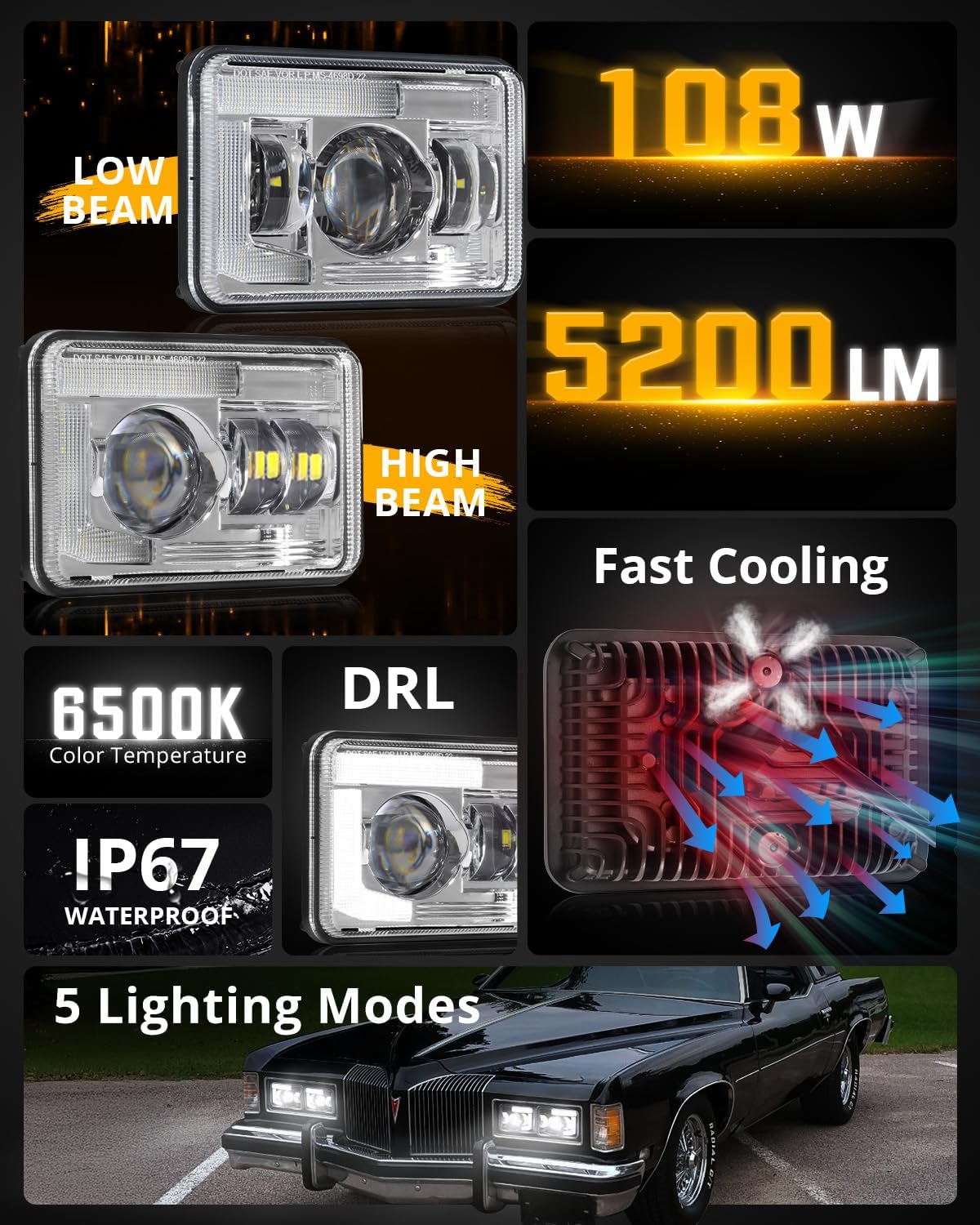 Auxbeam 4X6 Headlights 4PCS with DRL Hi/Lo Beam Dot Approved Replacement H4651 H4652 H4656 H4666 H6545 Headlight Compatible with Kenworth T400 T600 T800 Freightliner Peterbilt Ford Chevy, Chrome