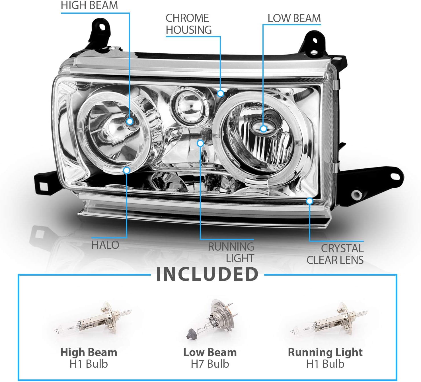 AmeriLite Chrome Crystal Headlights Halo for Toyota Land Cruiser - Passenger and Driver Side
