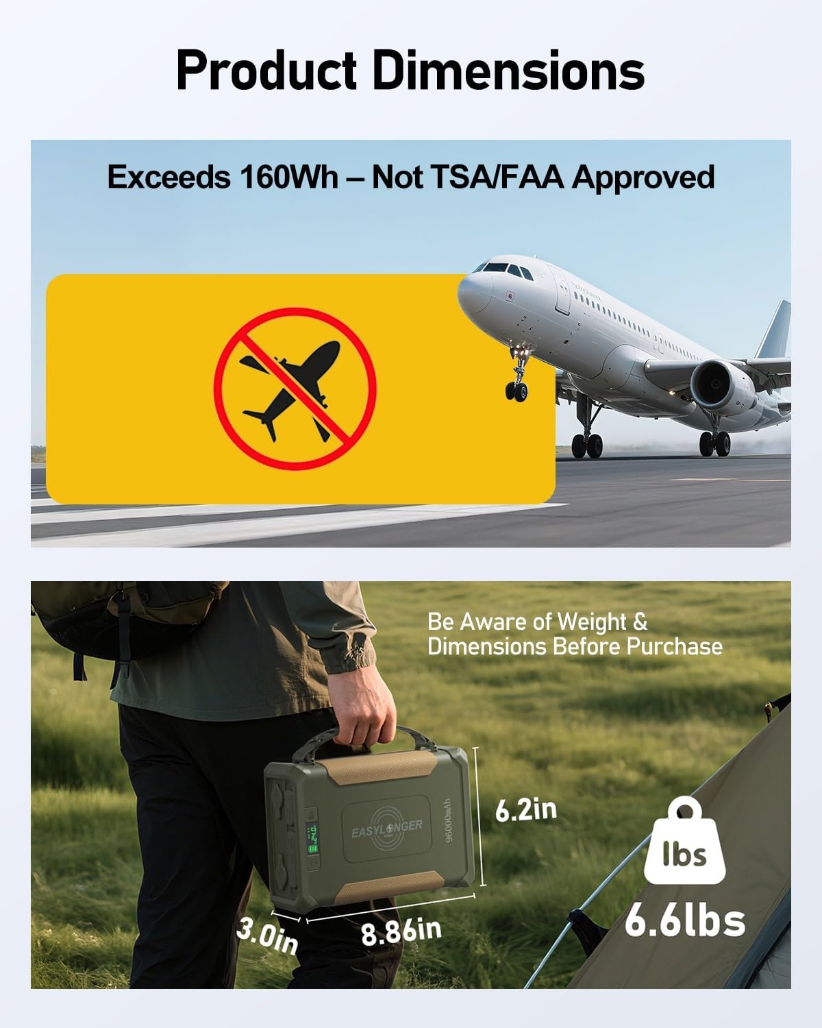 Image showing the EASYLONGER ES960 and a warning that it exceeds 160Wh and is not TSA/FAA approved for air travel. Also shows product dimensions and weight.