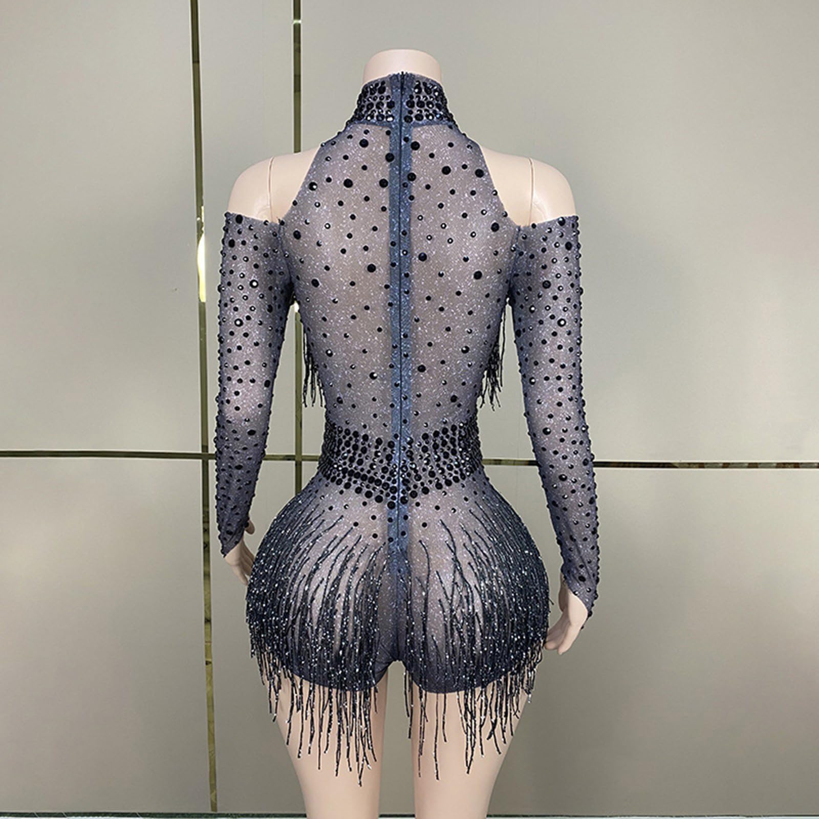 Body con flecos de diamantes de imitación para mujer, fiesta de cumpleaños, disfraz de noche, discoteca, baile, leotardo de manga larga con flecos brillantes para mujer