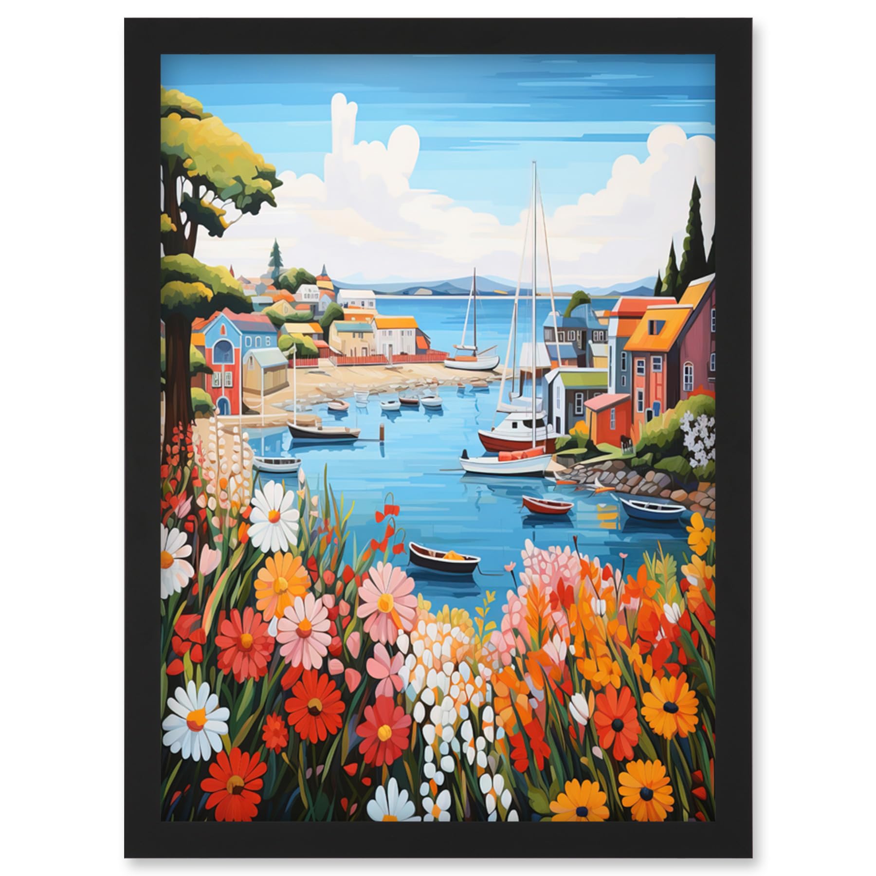 Artery8 Idyllic Scenic Seaside Fishing Village Bright Oil Painting Orange Pink Blue Bathroom Floral Artwork Harbor Bay Boats Coastal Landscape Artwork Framed Wall Art Print A4