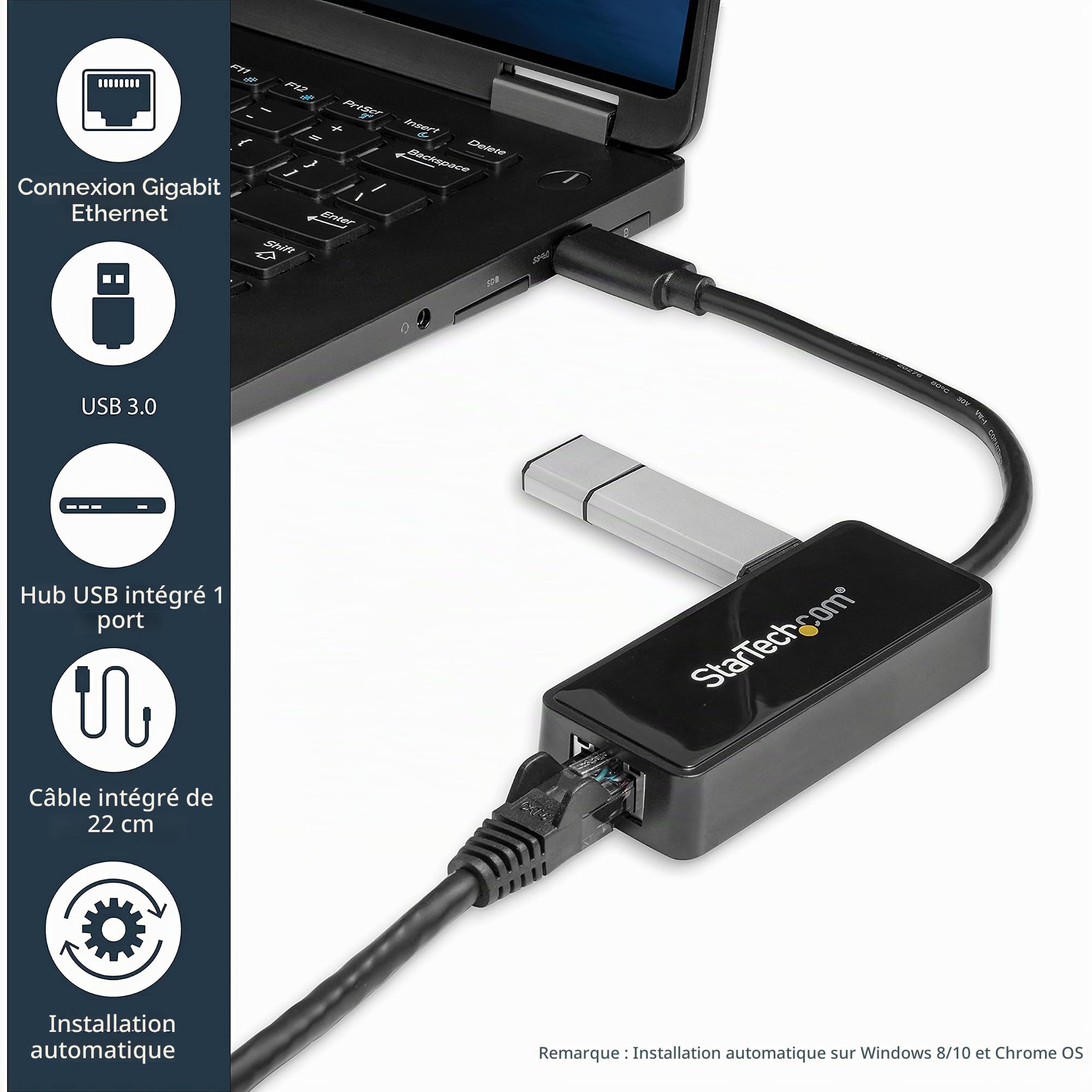 StarTech Adaptateur Ethernet USB 3.0 NIC, RJ45, Port USB (USB31000SPTB) | Carte réseau, Gigabit, USB Passthrough, Chipset ASIX, Auto MDIX, Alimentation par bus
