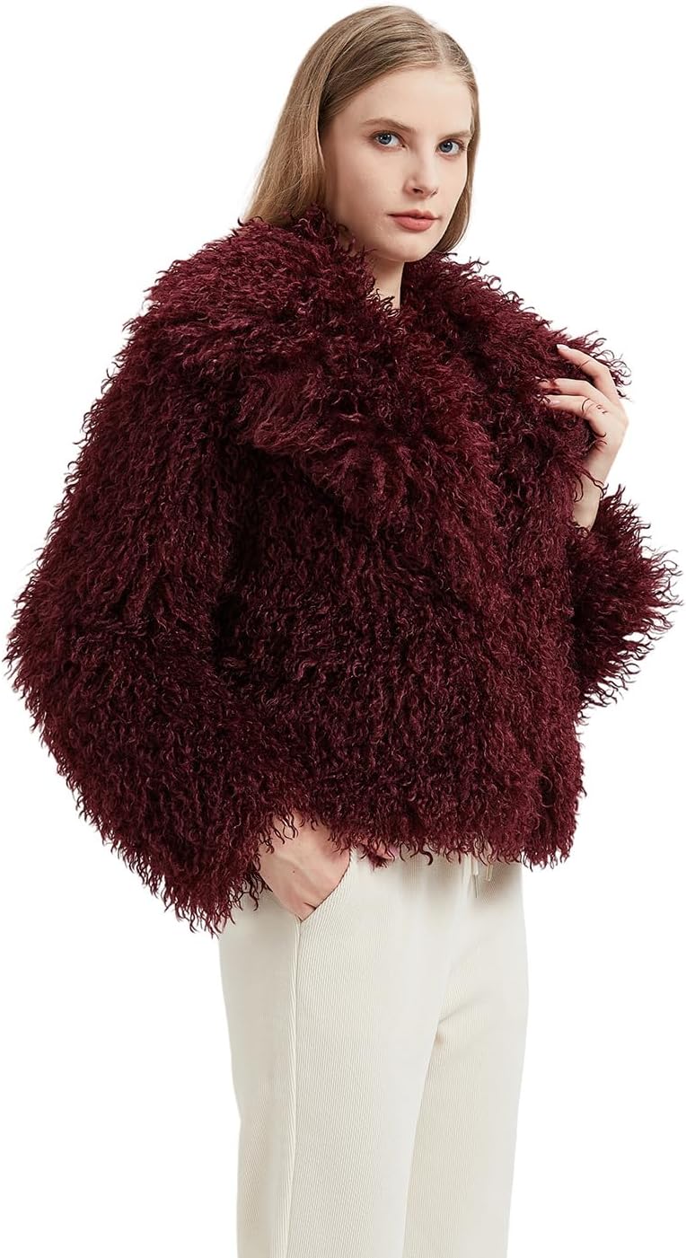 GRAN ORIENTE Women Burgundy Shaggy Cropped Jacket Coats,2025 Winter Fluffy Faux Fur Warm Long Sleeve Outerwear - Image 2