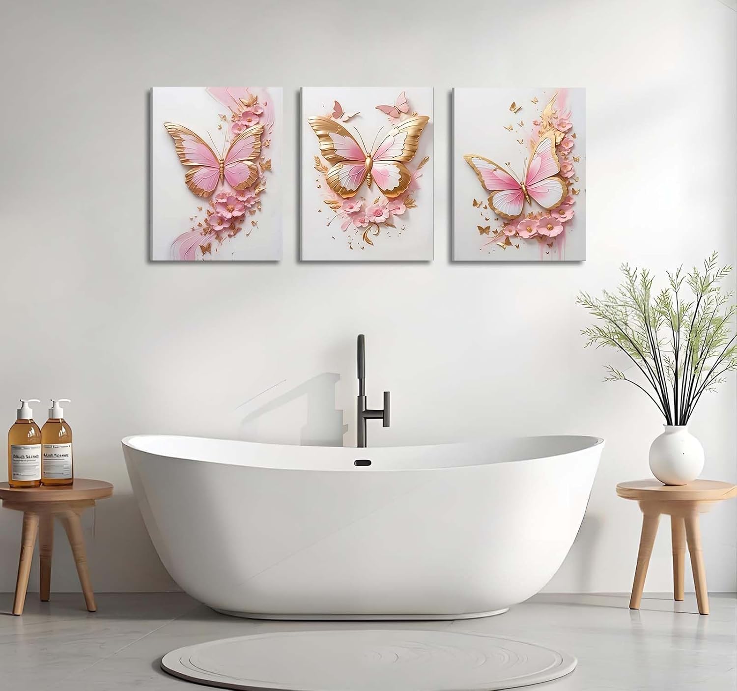 ACWOWO 2D Pink Butterfly Floral Wall Art 3-Piece Set Butterfly Poster Painting Pink Gold Floral Canvas Wall Decor for Girls' Bedrooms Bathrooms Offices Dorm Rooms 12 * 16 In （Canvas