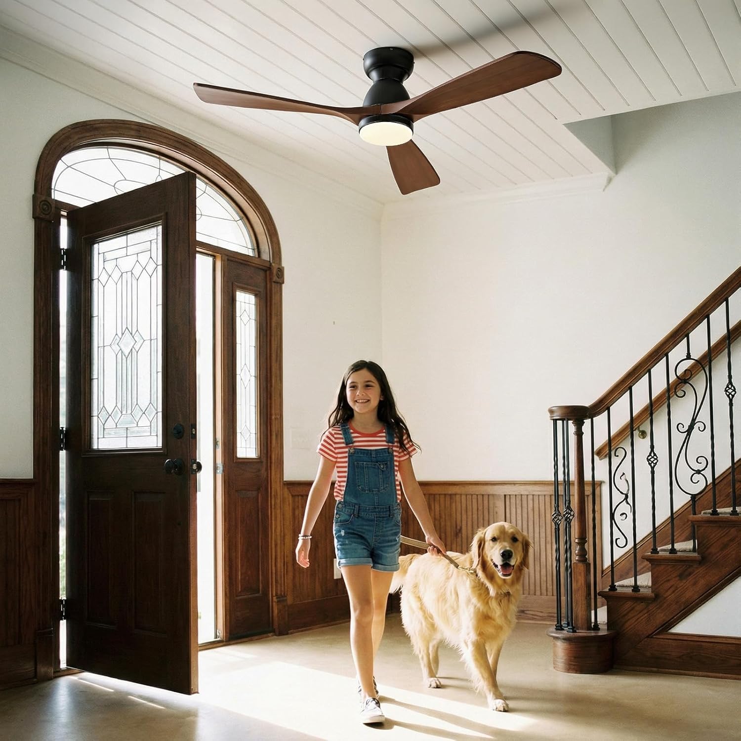 48in Smart Flush Mount Ceiling Fans with Lights Remote,3 Wood Ceiling Fan, Quiet DC Motor, Low Profile Ceiling Fan,Work with Alexa/Gg/App/Remote,Dimmable,6-Speed Fan for Patio Bedroom