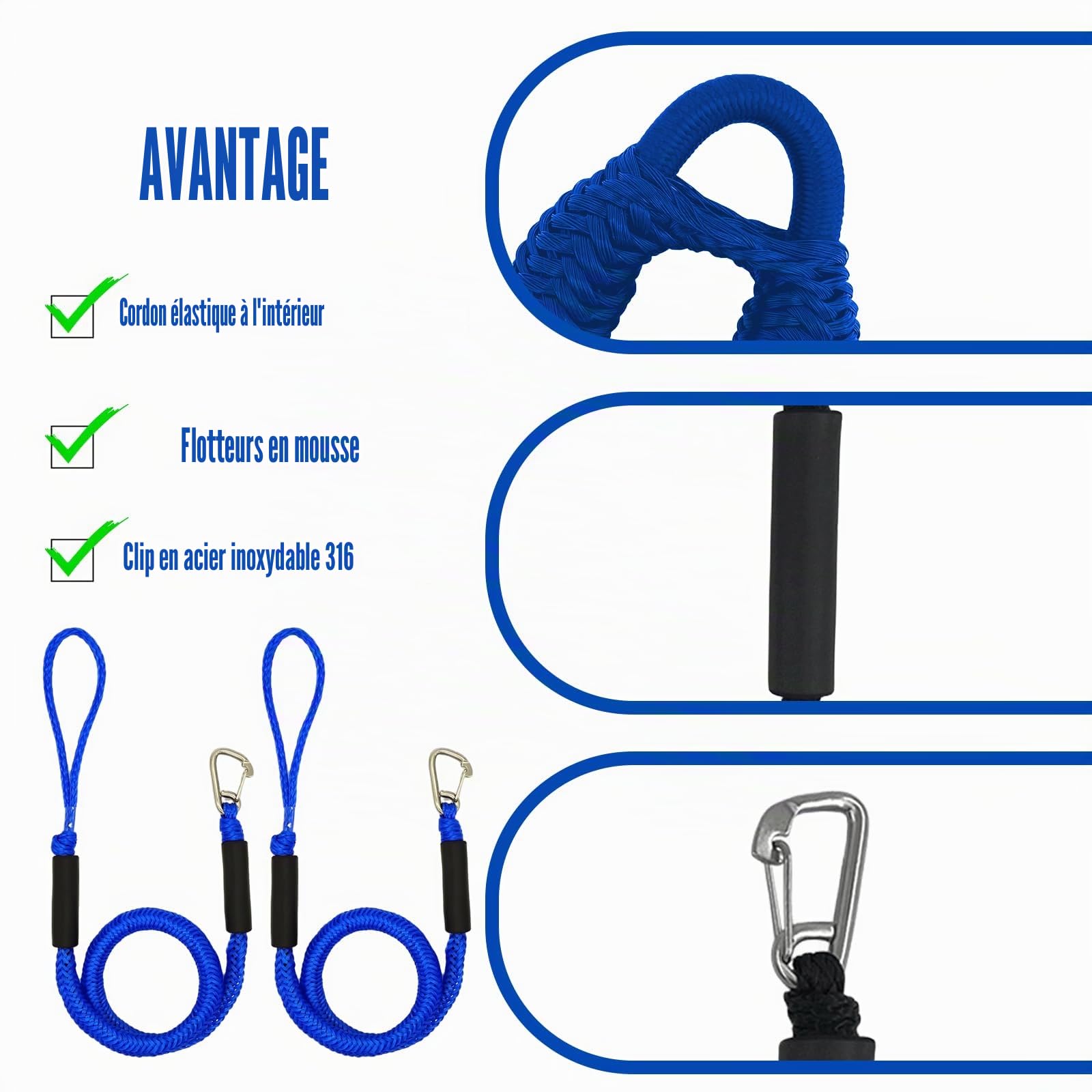 2 pièces de corde de mouillage pour bateau, accessoires de bateau, ligne de mouillage avec oeillet et crochet, corde de mouillage, accessoires d'ancrage pour bateaux, pour bateaux, kayak, jet ski