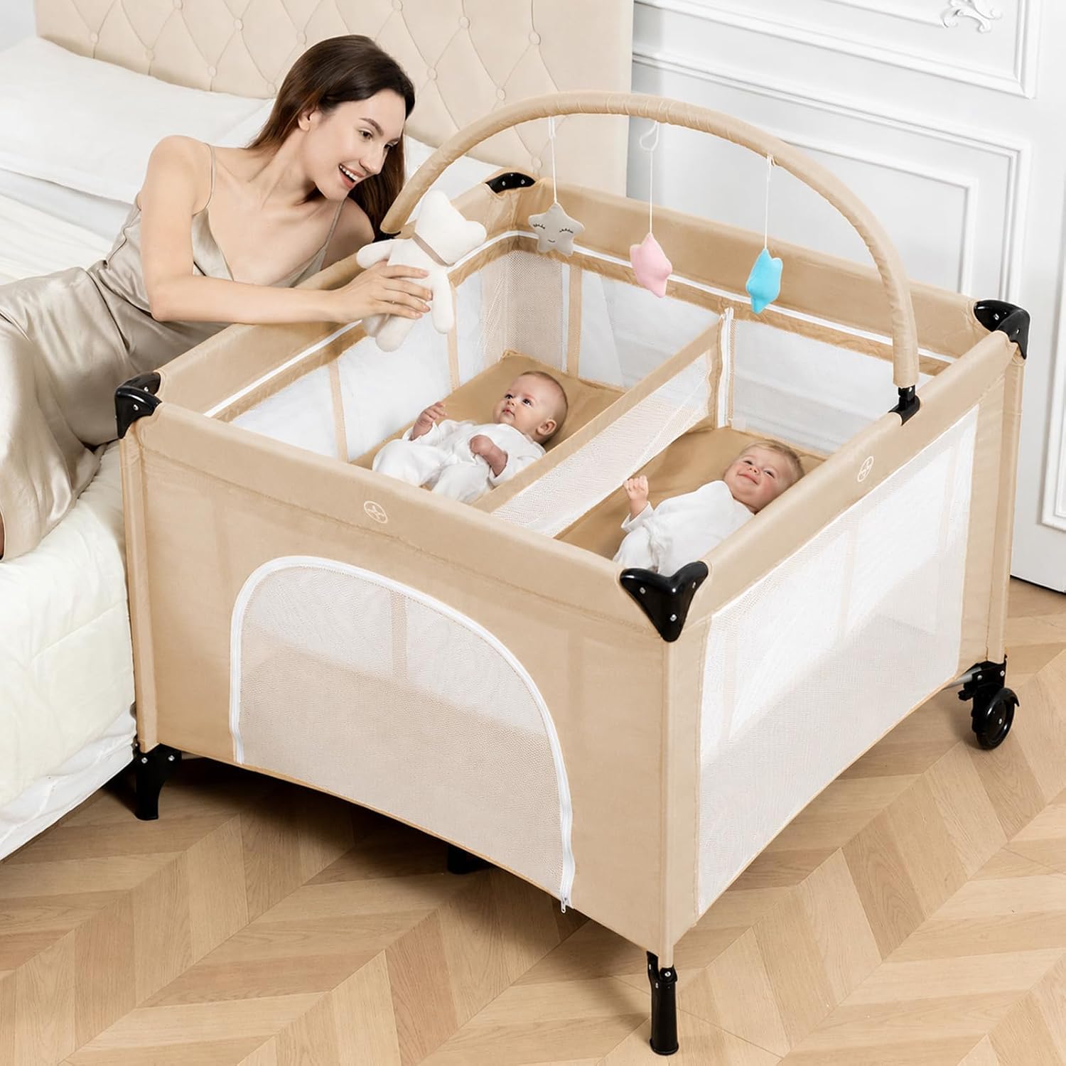 Twin Bassinet - 3 in 1 Twin Bassinets for 2 Babies with Hanging Toys & Storage Basket, Portable Pack and Play Foldable Bedside Sleeper with Carry Bag, Khaki