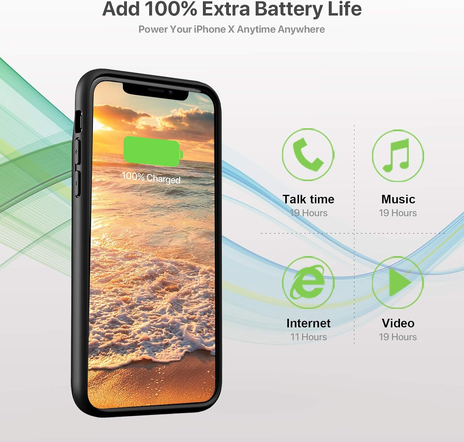 DESTEK Battery Case for iPhone X/XS/10 - [Real 3500mAh] Rechargeable Portable Power Charger Case Ultra Slim for iPhone X/XS Charging Case Compatible with Wire Headphones Black 5.8 Inch (Upgraded)