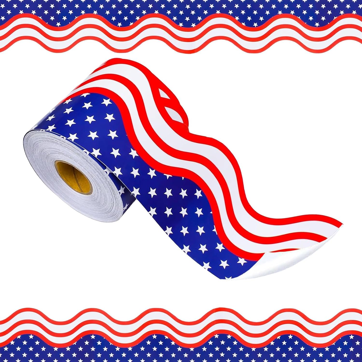 32ft 4th of July Patriotic Bulletin Board Borders Stars and Stripes Die-Cut Bulletin Board Trims Self Adhesive Scalloped Borders Decorations Stickers for School Classroom Office Chalkboard