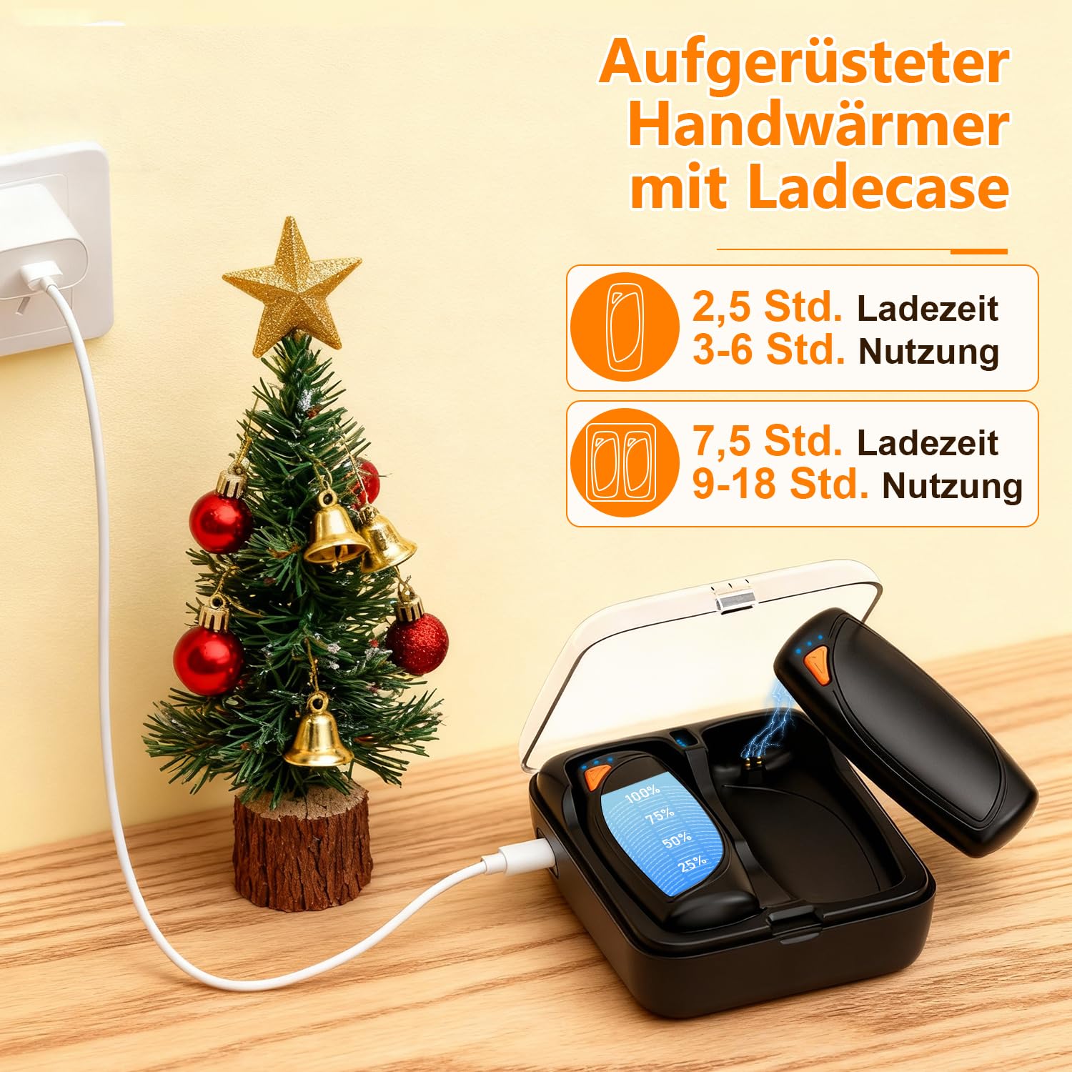 Lepwings Handwärmer Elektrisch 2er-Pack mit Ladecase, 14.000 mAh, Wiederverwendbare Taschenwärmer, Beidseitige Heizfunktion, 3 Heizmodi, USB-Aufladbar, Ideal für Outdoor im Winter