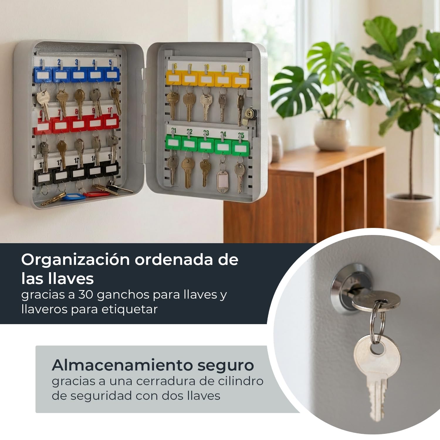 HMF Caja para Llaves Grande de Acero, Armario para Llaves con Cerradura para recibidor, despacho o Garaje | 30 Ganchos para Llaves | 30 x 24 x 7,5 cm | Gris Claro