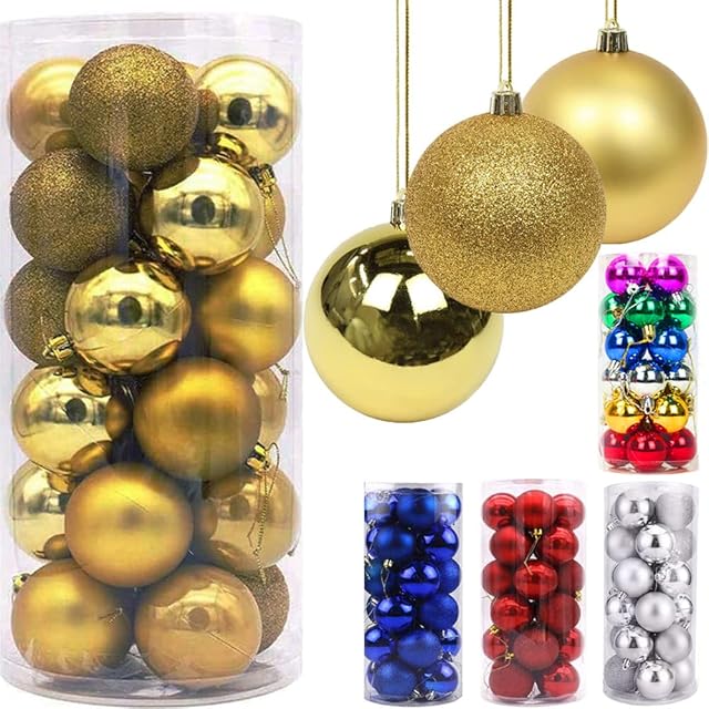 Christmas Baubles 24pcs Shatterproof Plastic Christmas Balls Gold Christmas Tree Decorations Ornaments Xmas Tree Balls for Xmas Tree Hanging Decoration Festival Holiday Wedding Party Decor (4cm)