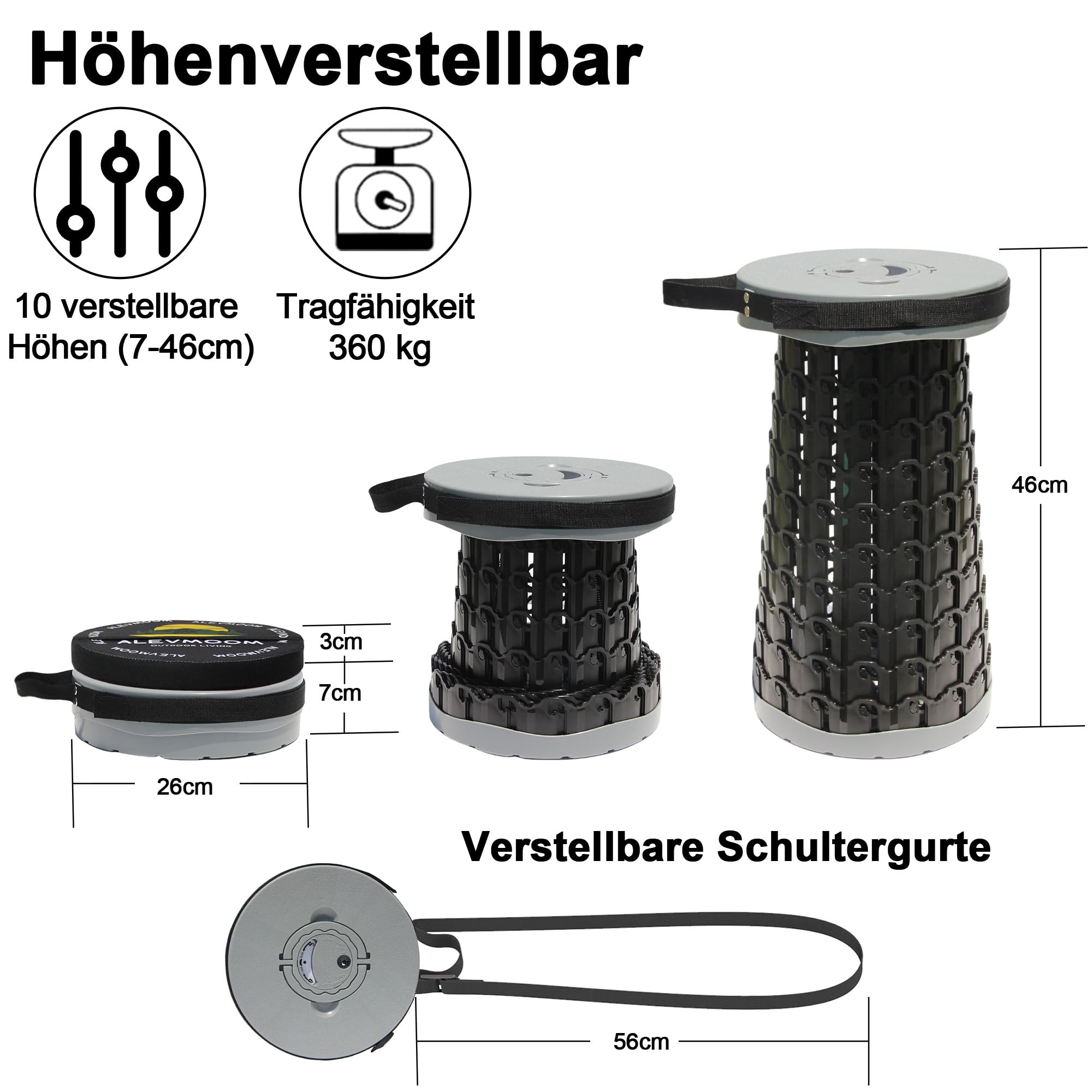 ALEVMOOM Klapphocker Teleskophocker mit Kissen Karabiner Tragetasche Camping-Hocker 360kg