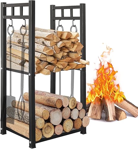 GREENER Soporte para troncos de 2 niveles de 31.6 pulgadas de alto para leña, chimeneas, estufas de leña y patios al aire libre