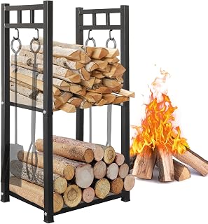 GREENER 31.6’’ Tall Firewood Rack 2 Tiers Fireplace Storage Log Rack Holder Wood Storage Logs Holder Fireside Holders For Indoor Fireplace, Wood Stove, Hearth, Fire Pit Or Outdoor Patio