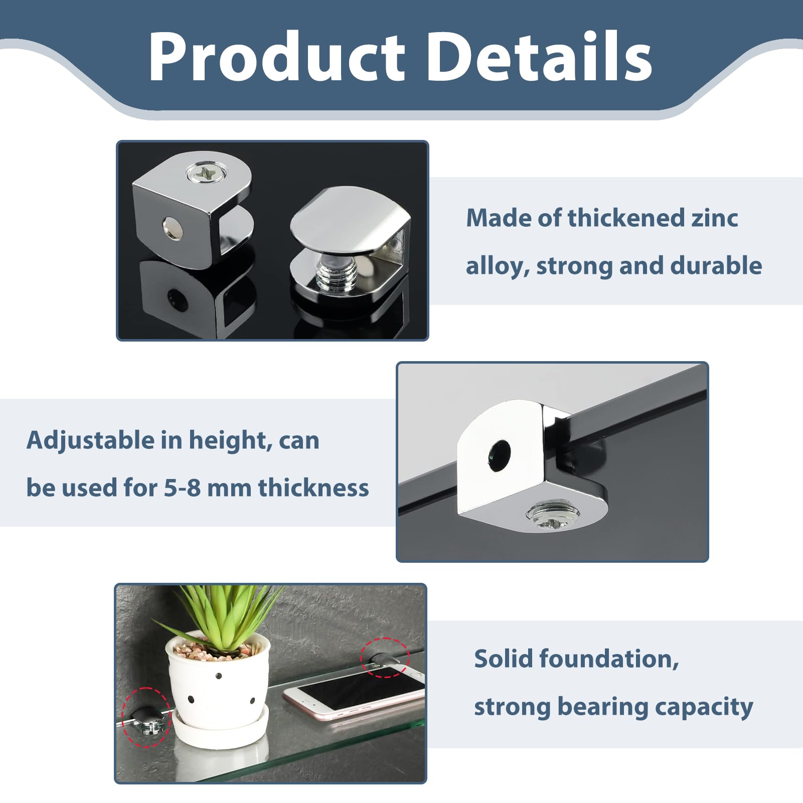 8 Pcs Glass Shelf Brackets, Adjustable Glass Clamps, Glass Shelf Support, Zinc Alloy Glass Clamp - Image 3