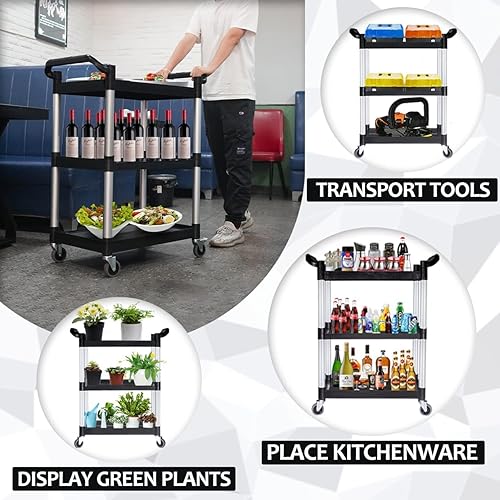 Miniatura 4 de Carrito utilitario de 2 niveles  Carrito de plástico con ruedas (16 pulgadas de profundidad x 32 pulgadas de ancho, negro)